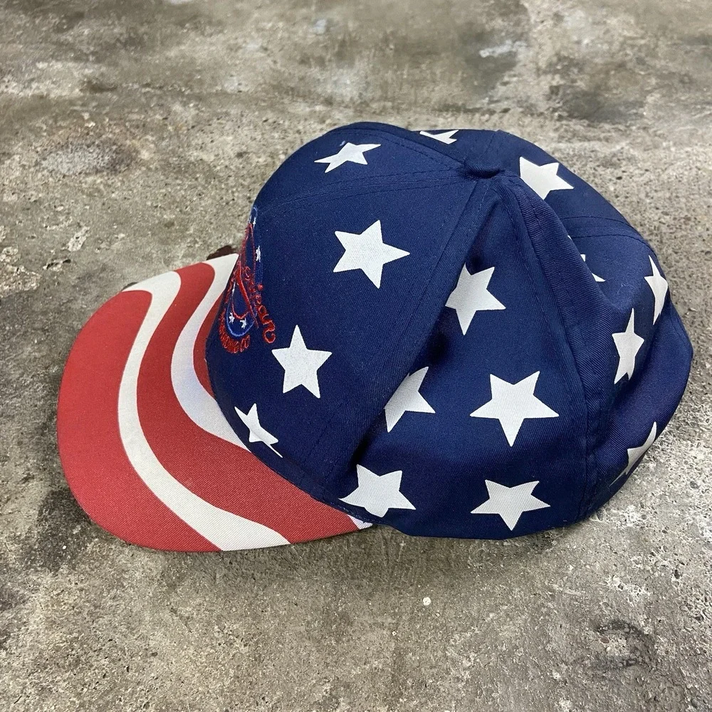 Vintage 80s American Asphalt Cap Snap Back Adjustable Flag Print Construction